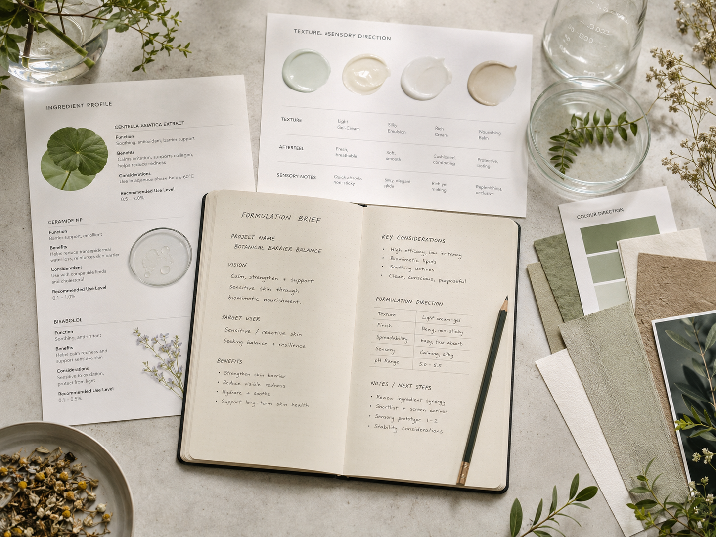 Formulation brief with ingredient, texture and sensory planning notes