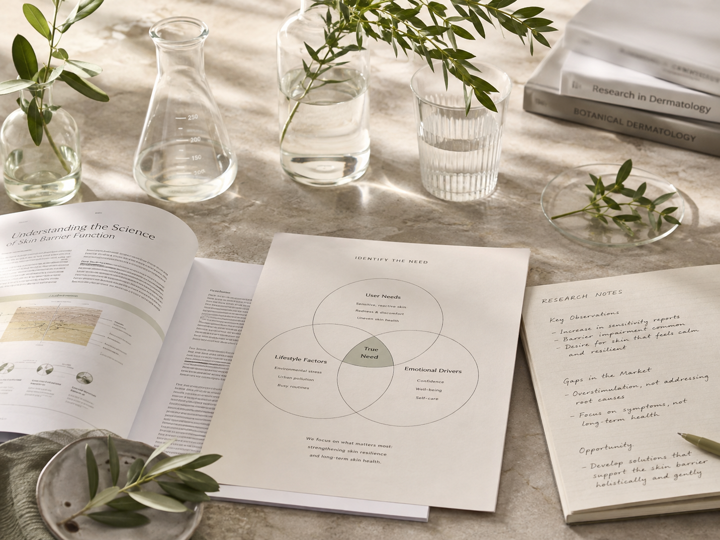 Research notes and scientific planning used to identify a product need