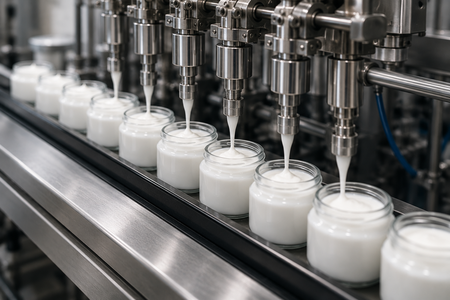 Automated cosmetic manufacturing line filling jars with finished formulation