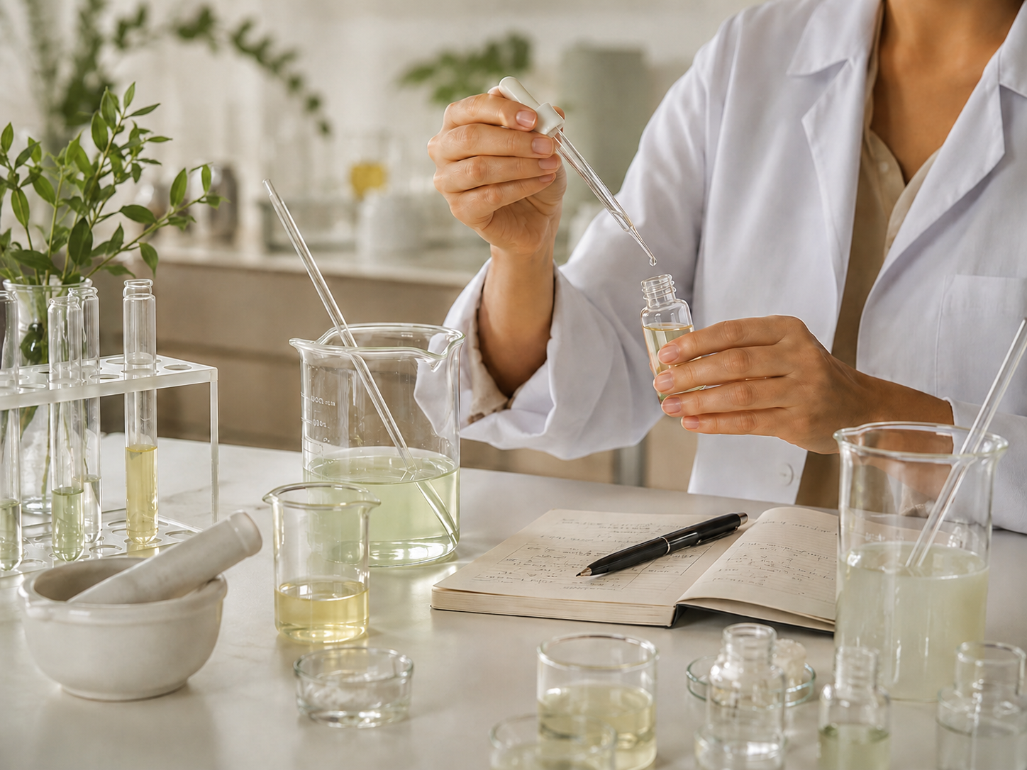 Scientist in a lab coat using a pipette during formulation development