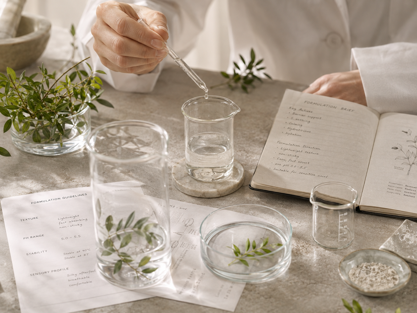 Specialist cosmetic formulation work with laboratory glassware and formulation notes